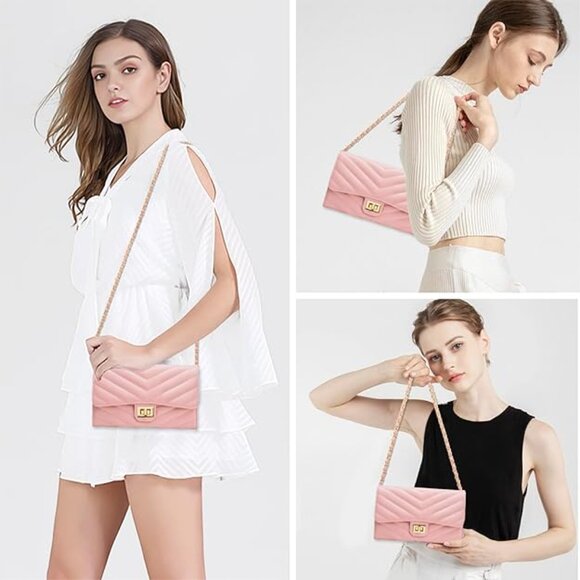 Womens Envelope Crossbody Clutch handbag with chain Pink Quilted - Picture 4 of 12